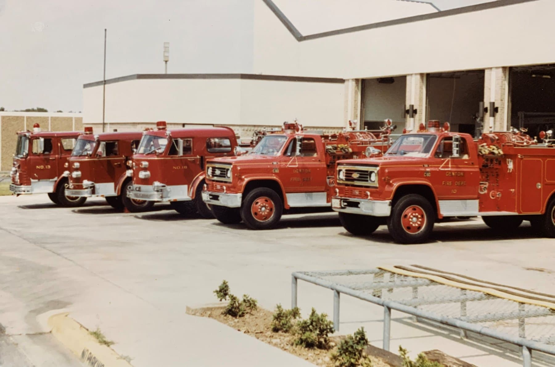 Denton fire apparatus lined up at new Central Station in 1981